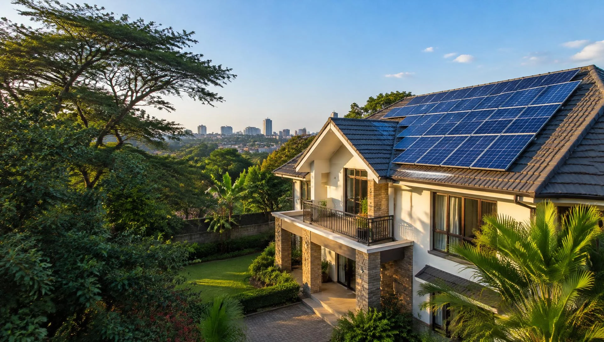 Solar panels on a leafy Nairobi home's rooftop